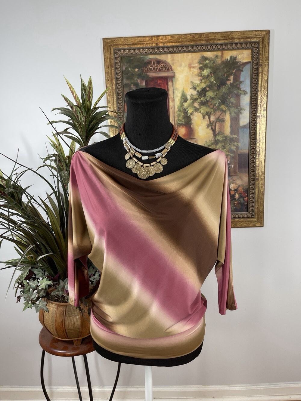 Catch Me Women Medium Dolman Top Pink Brown Ombre Cowl Neck Batwing Blouse Boho